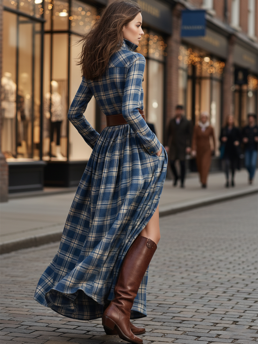 Retro Ethnic Style Lapel Reddish Brown Plaid Maxi Dress