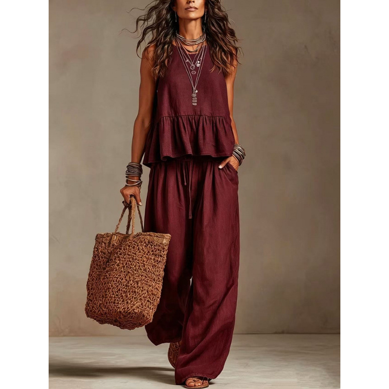 Linen-Look Peplum Two-Piece Set