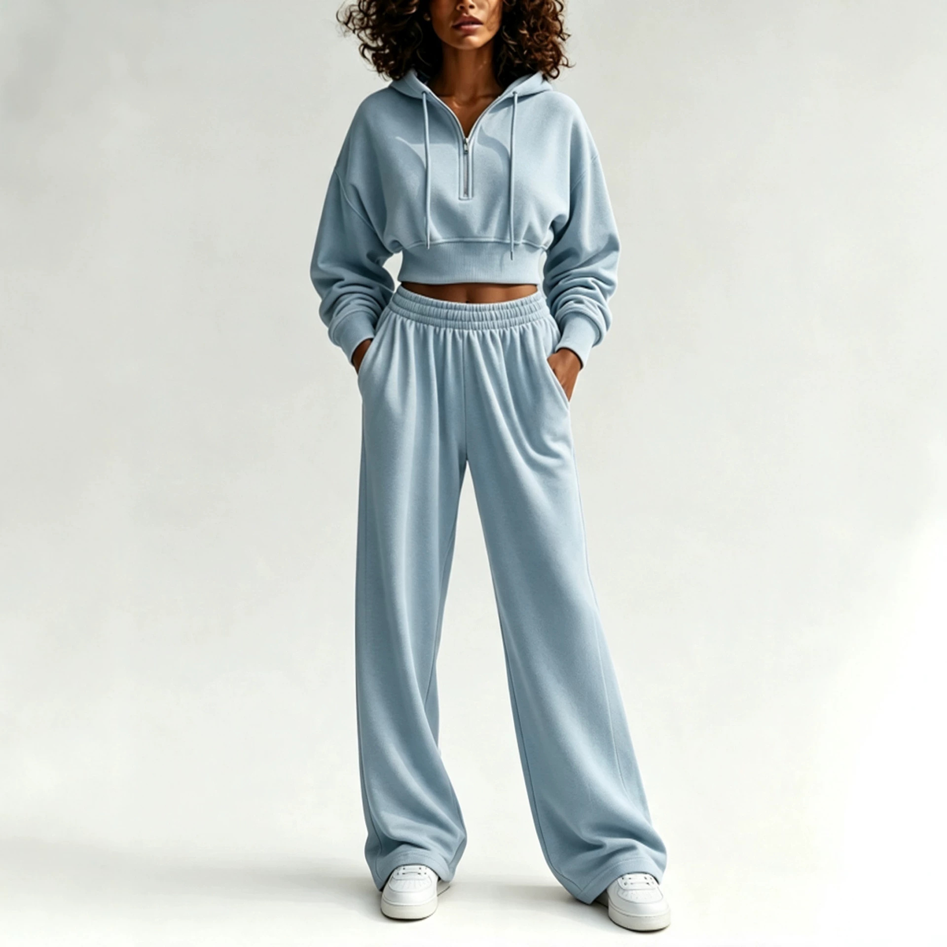 2‑Piece Sweat Co‑Ord Set | Cropped Half‑Zip Hoodie & Elastic Waist Wide‑Leg Sweatpants Casual Streetwear Outfit