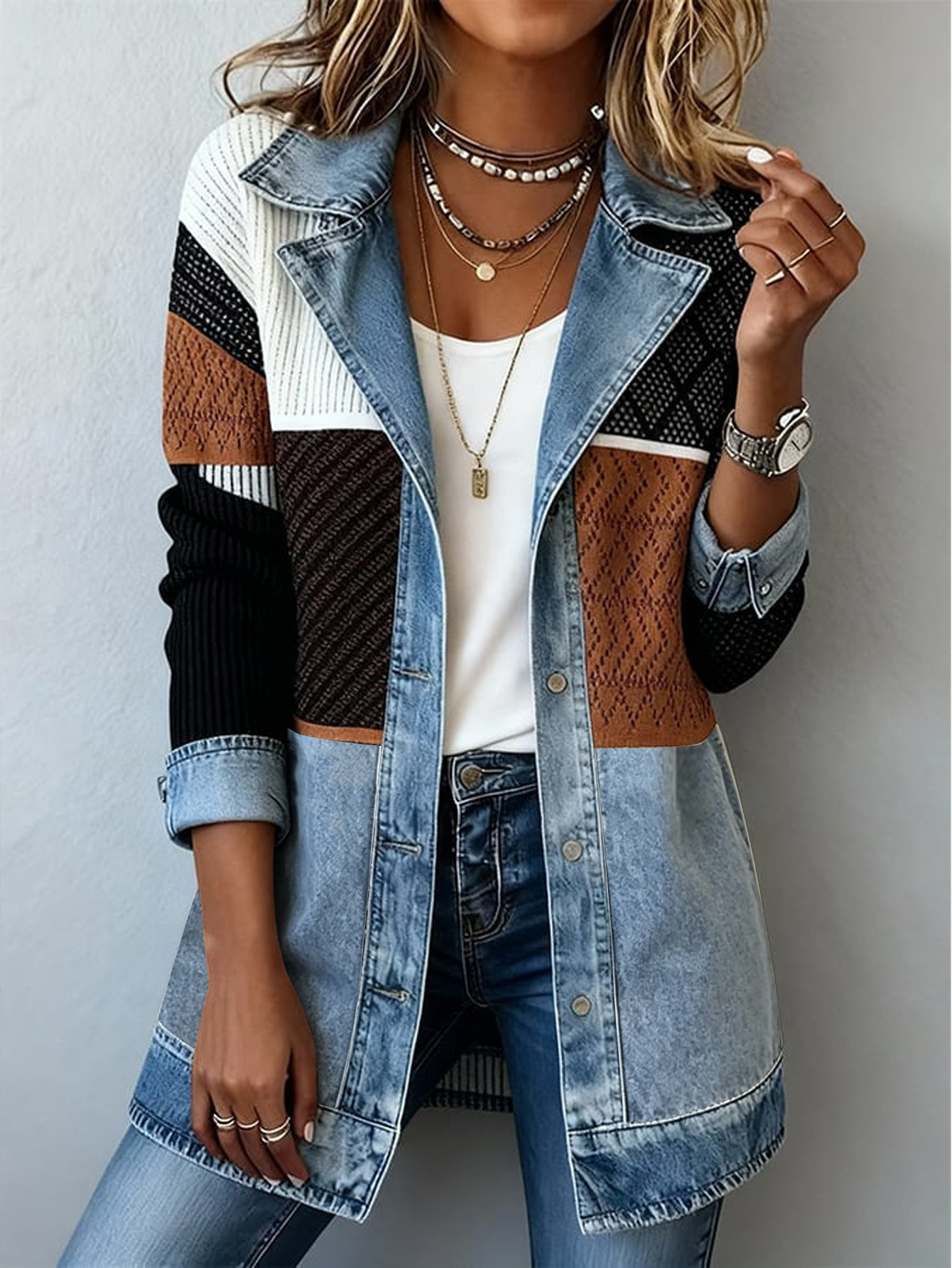 Women’s Patchwork Knit Denim Jacket, Lapel Collar Button‑Down Long Sleeve Casual Outerwear