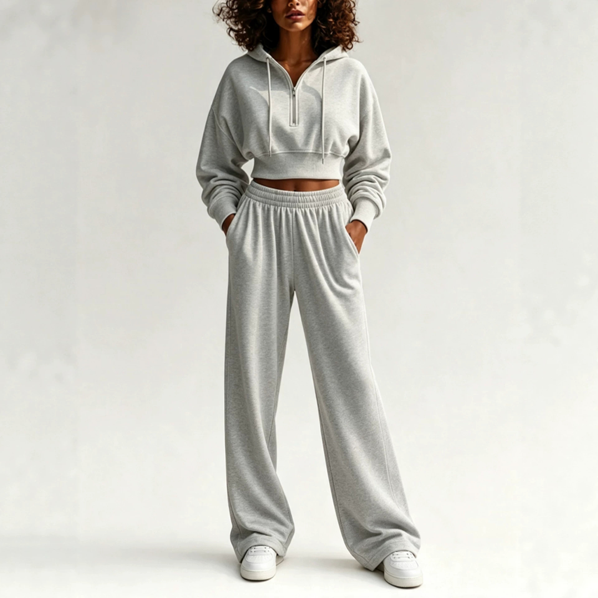 2‑Piece Sweat Co‑Ord Set | Cropped Half‑Zip Hoodie & Elastic Waist Wide‑Leg Sweatpants Casual Streetwear Outfit