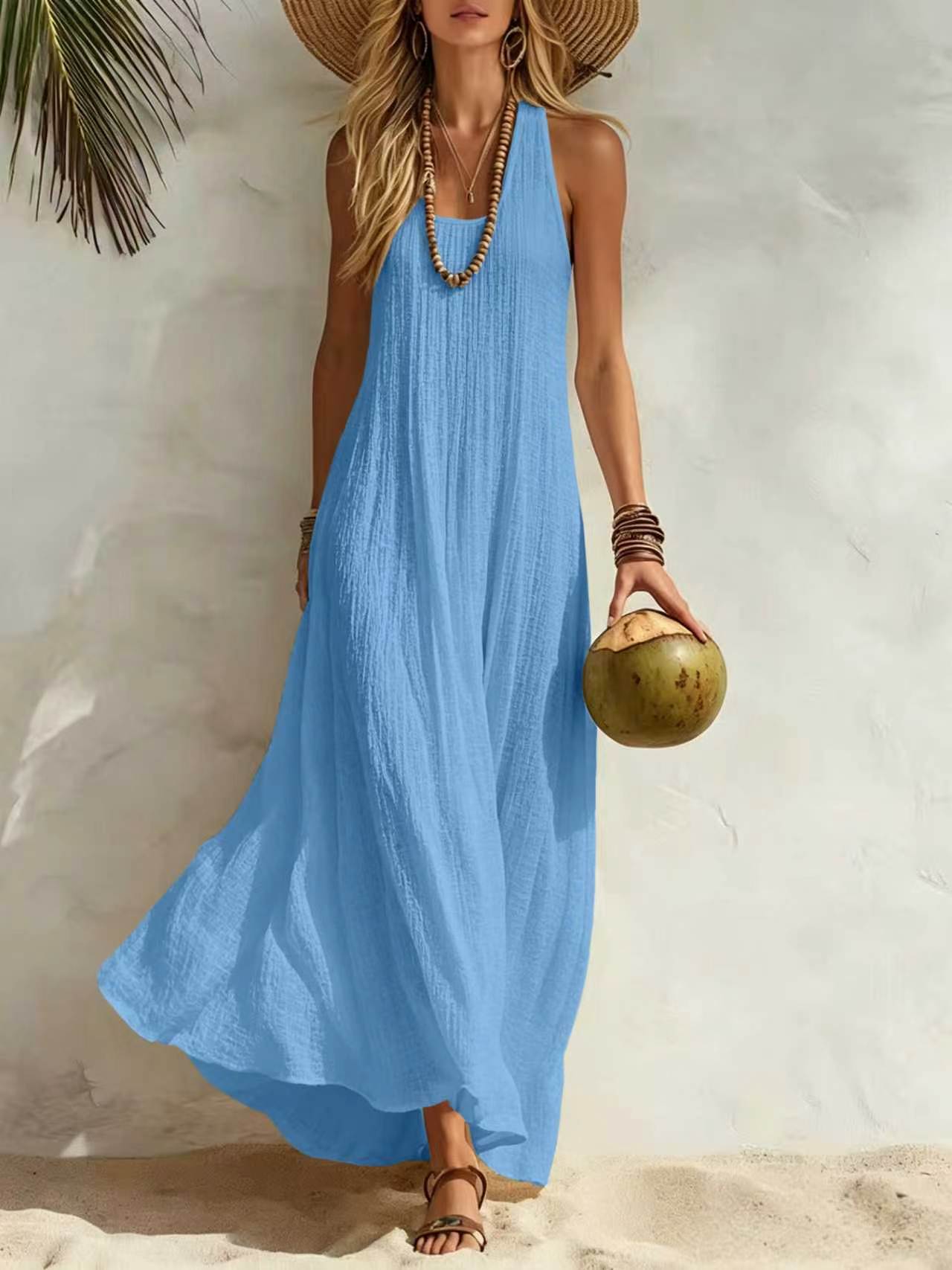 Crinkled Sleeveless Vacation Maxi Dress