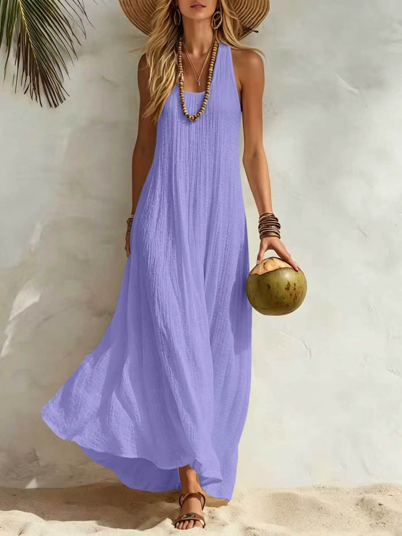 Crinkled Sleeveless Vacation Maxi Dress