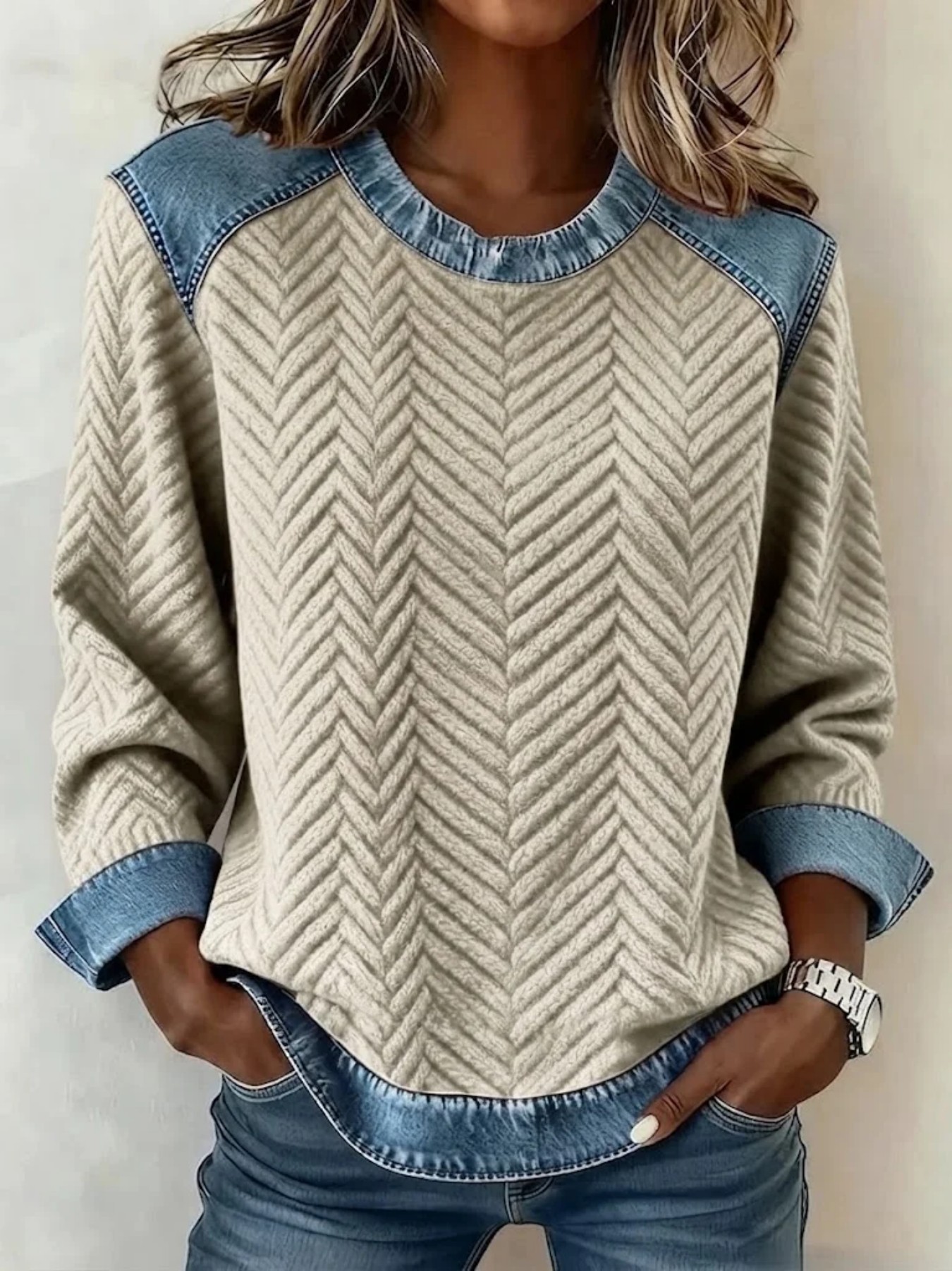 🧑‍✈️ BUY 2 FREE SHIPPING🧑‍✈️ Women's Denim Patchwork Knit Sweater Crewneck Long Sleeve Casual Top