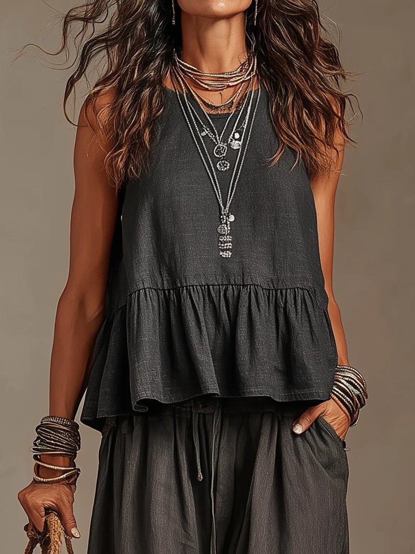 Linen-Look Peplum Two-Piece Set