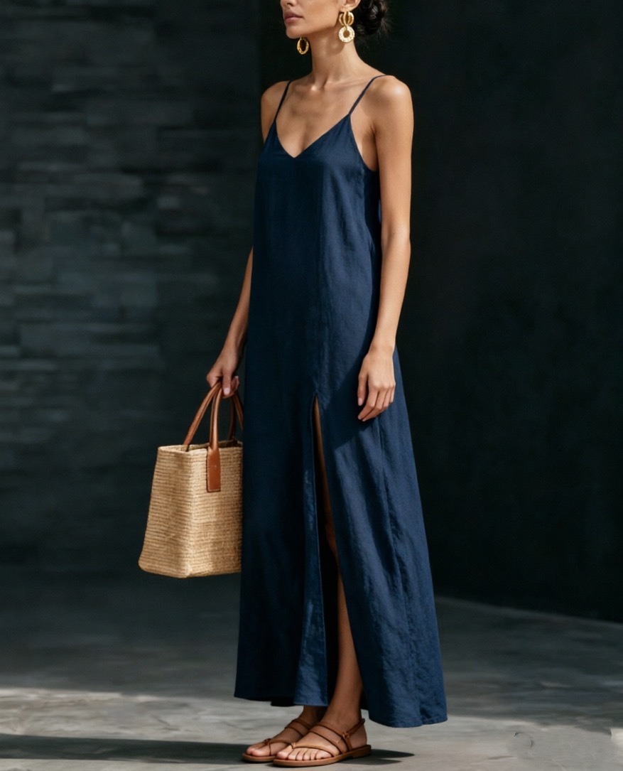 V-Neck Spaghetti Strap High Slit Linen Maxi Dress