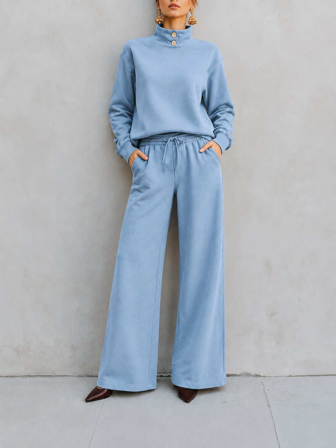 Button‑Detail Mock Neck Sweatshirt & Drawstring Wide‑Leg Two‑Piece Loungewear Set