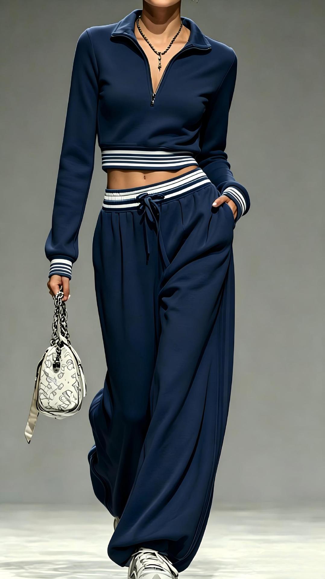 2‑Piece Half‑Zip Cropped Tracksuit Set | Striped Rib Trim Pullover & Drawstring Wide Leg Sweatpants Sporty Outfit
