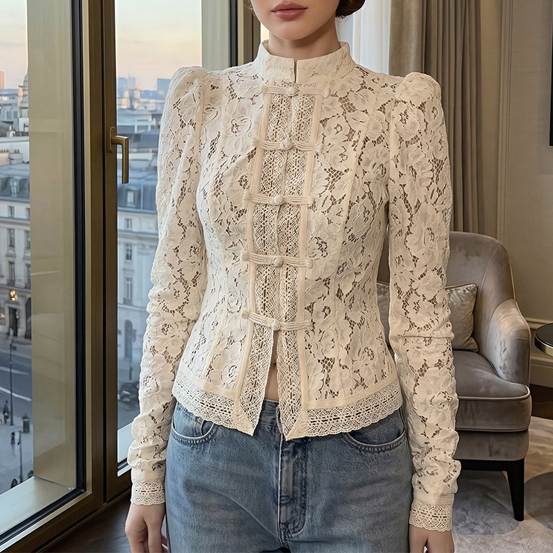 Elegant Lace Stand‑Collar Long‑Sleeve Fitted Blouse with Traditional Knot Buttons