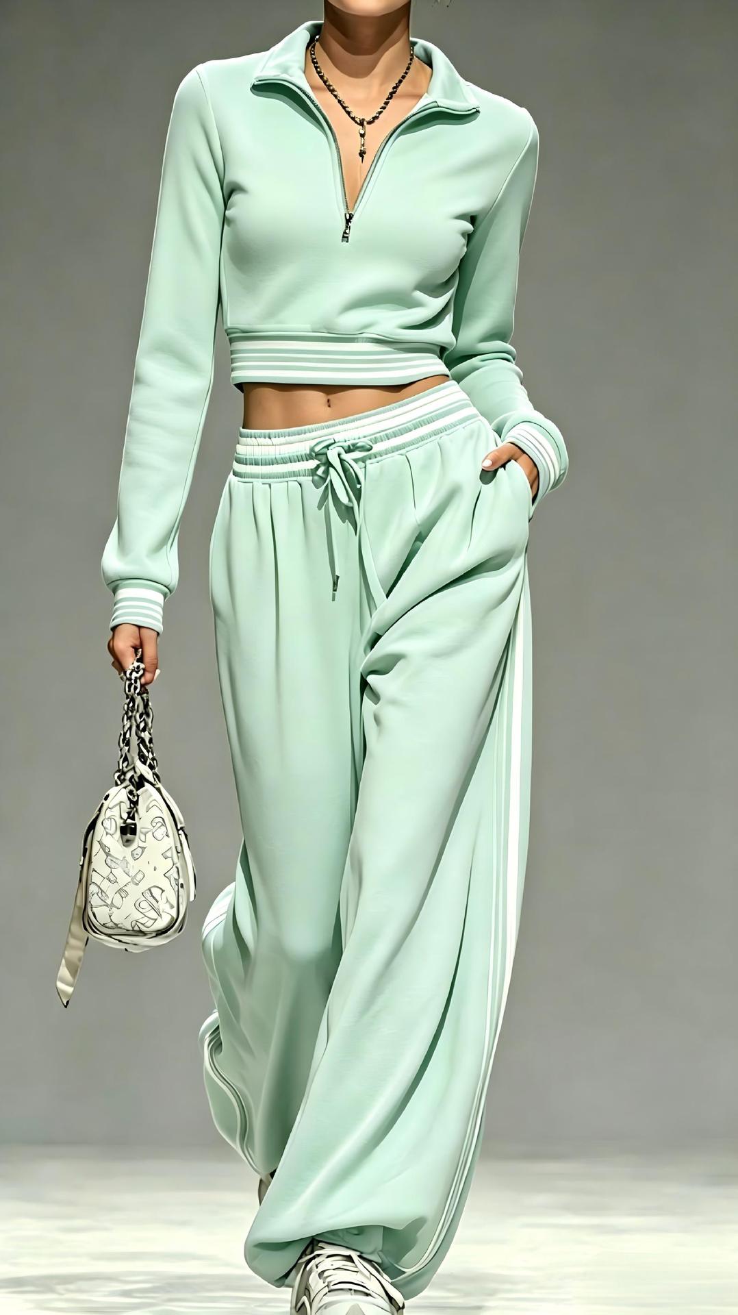 2‑Piece Half‑Zip Cropped Tracksuit Set | Striped Rib Trim Pullover & Drawstring Wide Leg Sweatpants Sporty Outfit