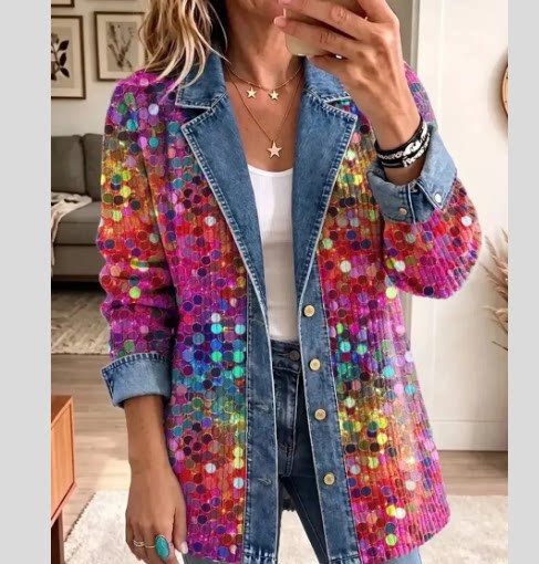Vintage Elegant Denim Patchwork Plaid Jacket