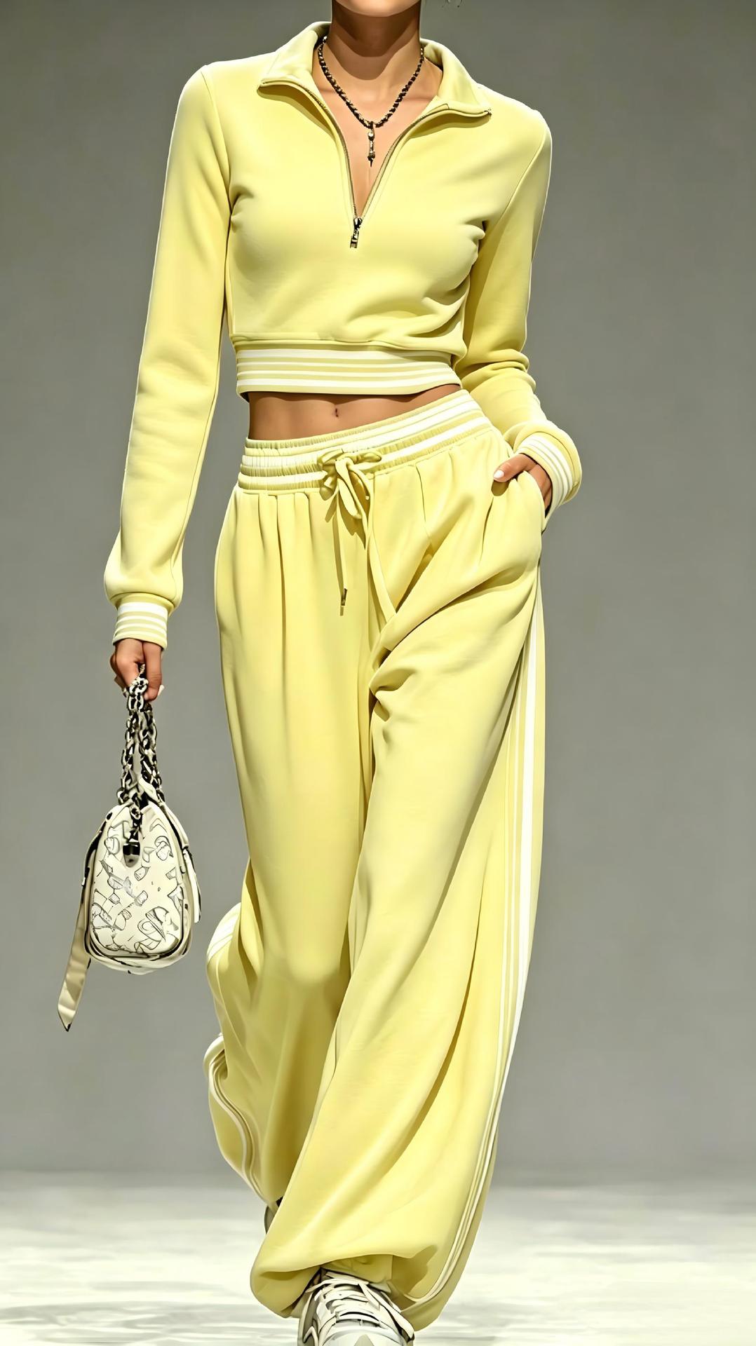 2‑Piece Half‑Zip Cropped Tracksuit Set | Striped Rib Trim Pullover & Drawstring Wide Leg Sweatpants Sporty Outfit