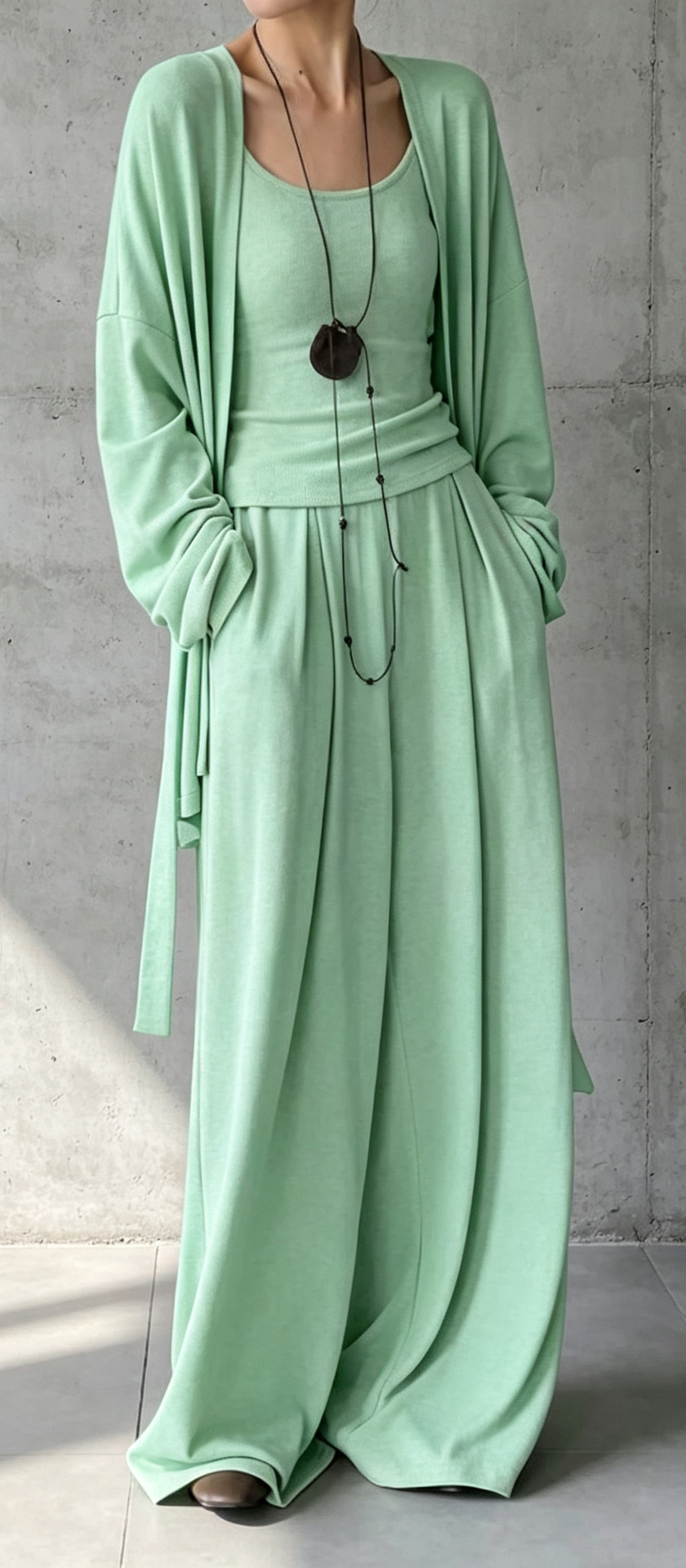 3‑Piece Knit Co‑Ord Set | Sleeveless Tank Top + Open‑Front Long Cardigan + Wide‑Leg Palazzo Pants Minimalist Loungewear Outfit