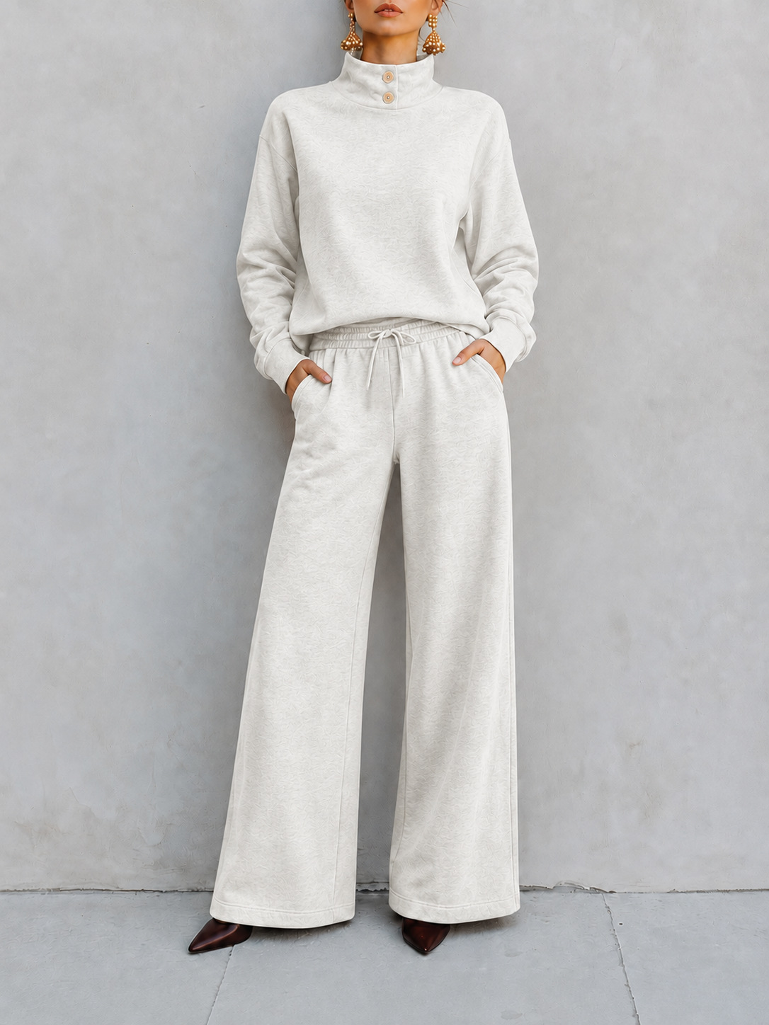 Button‑Detail Mock Neck Sweatshirt & Drawstring Wide‑Leg Two‑Piece Loungewear Set