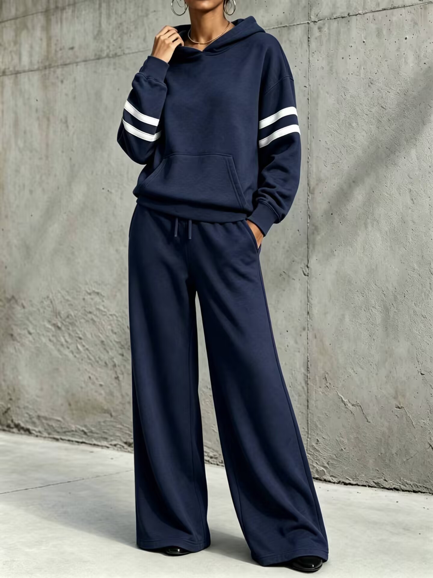 Striped‑Sleeve Hooded Wide‑Leg Tracksuit Two‑Piece Set