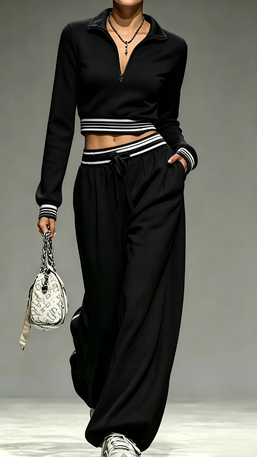 2‑Piece Half‑Zip Cropped Tracksuit Set | Striped Rib Trim Pullover & Drawstring Wide Leg Sweatpants Sporty Outfit