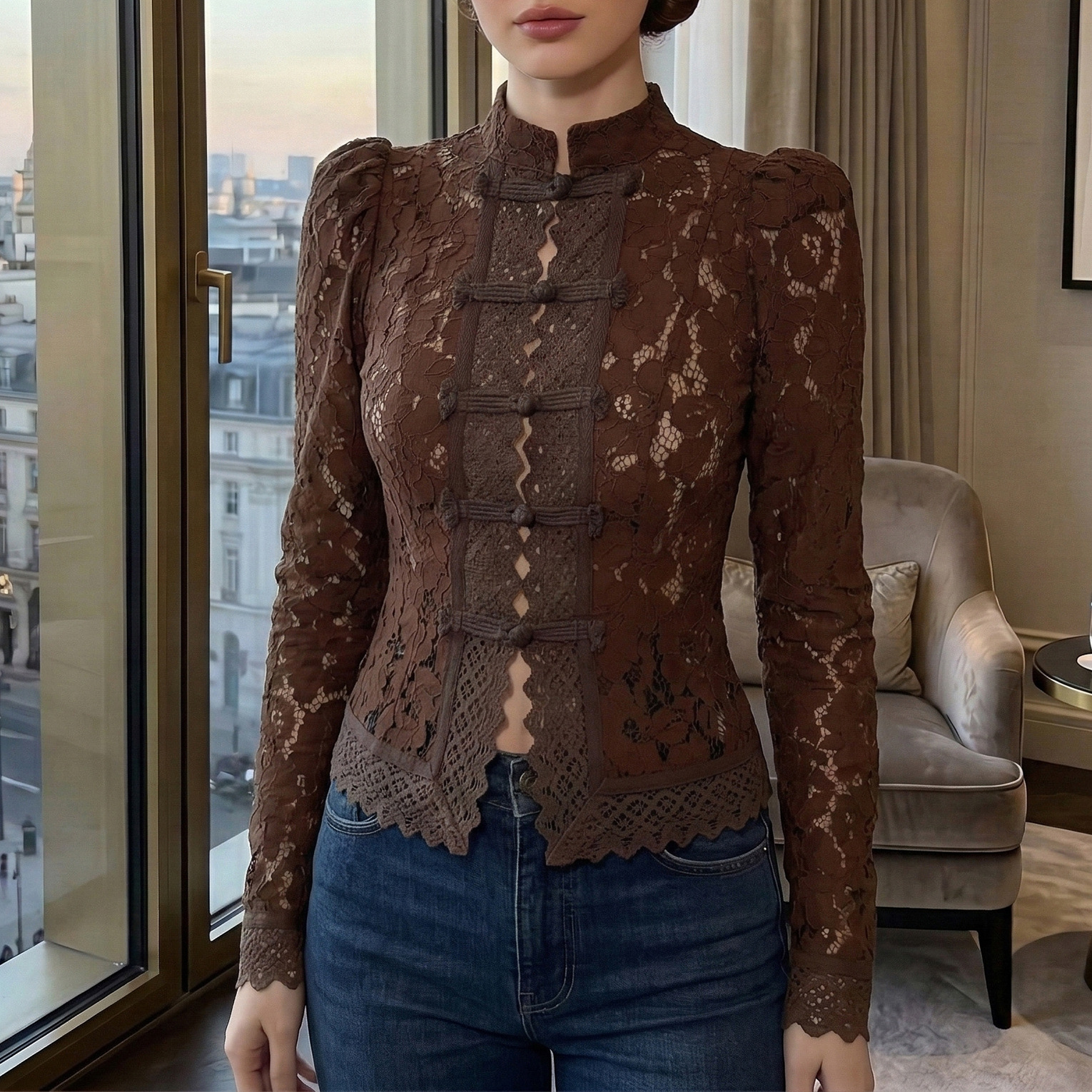 Elegant Lace Stand‑Collar Long‑Sleeve Fitted Blouse with Traditional Knot Buttons