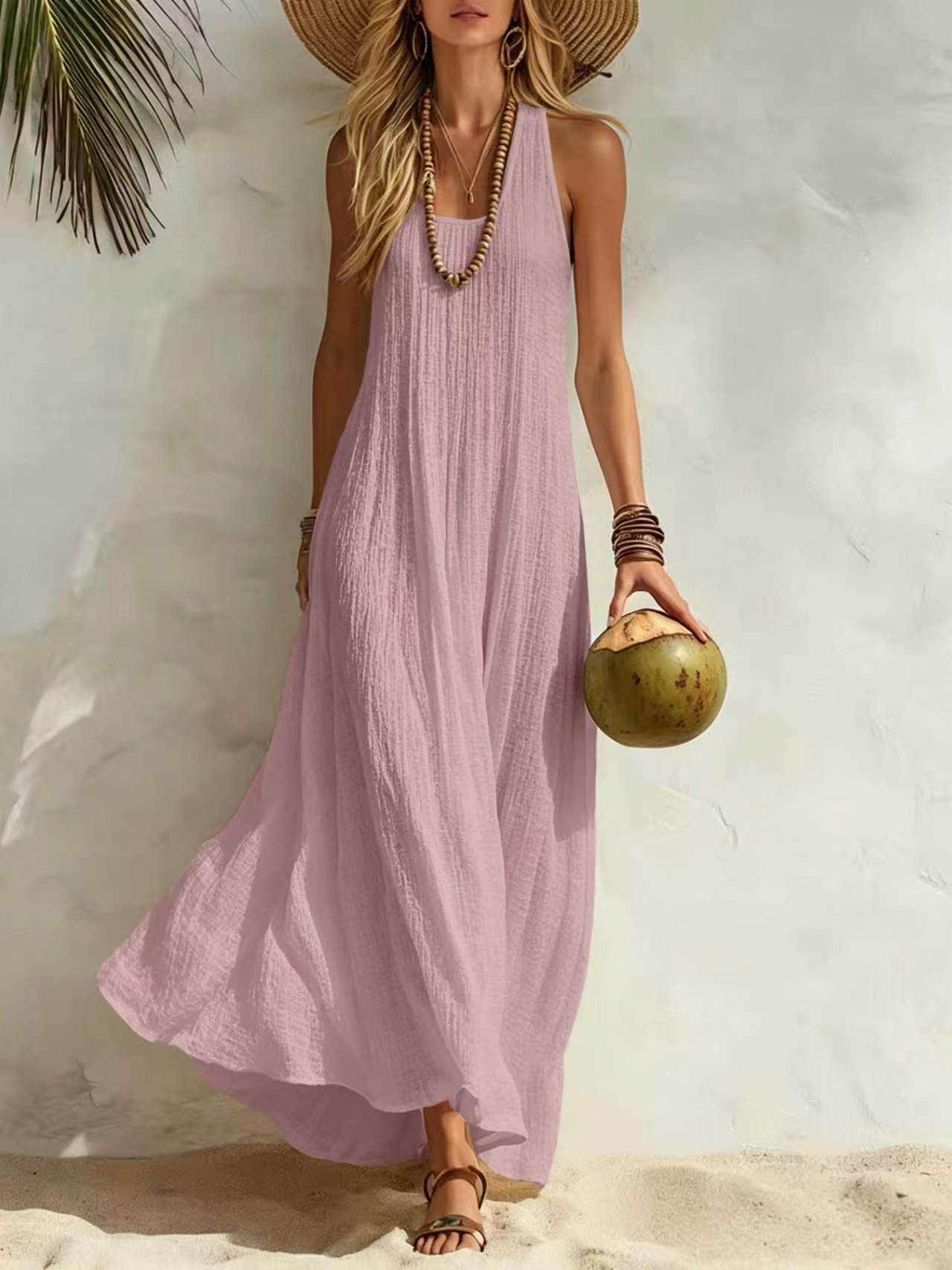 Crinkled Sleeveless Vacation Maxi Dress