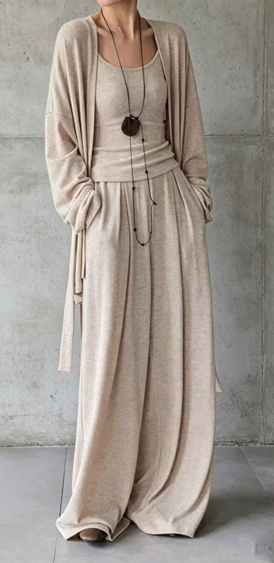 3‑Piece Knit Co‑Ord Set | Sleeveless Tank Top + Open‑Front Long Cardigan + Wide‑Leg Palazzo Pants Minimalist Loungewear Outfit