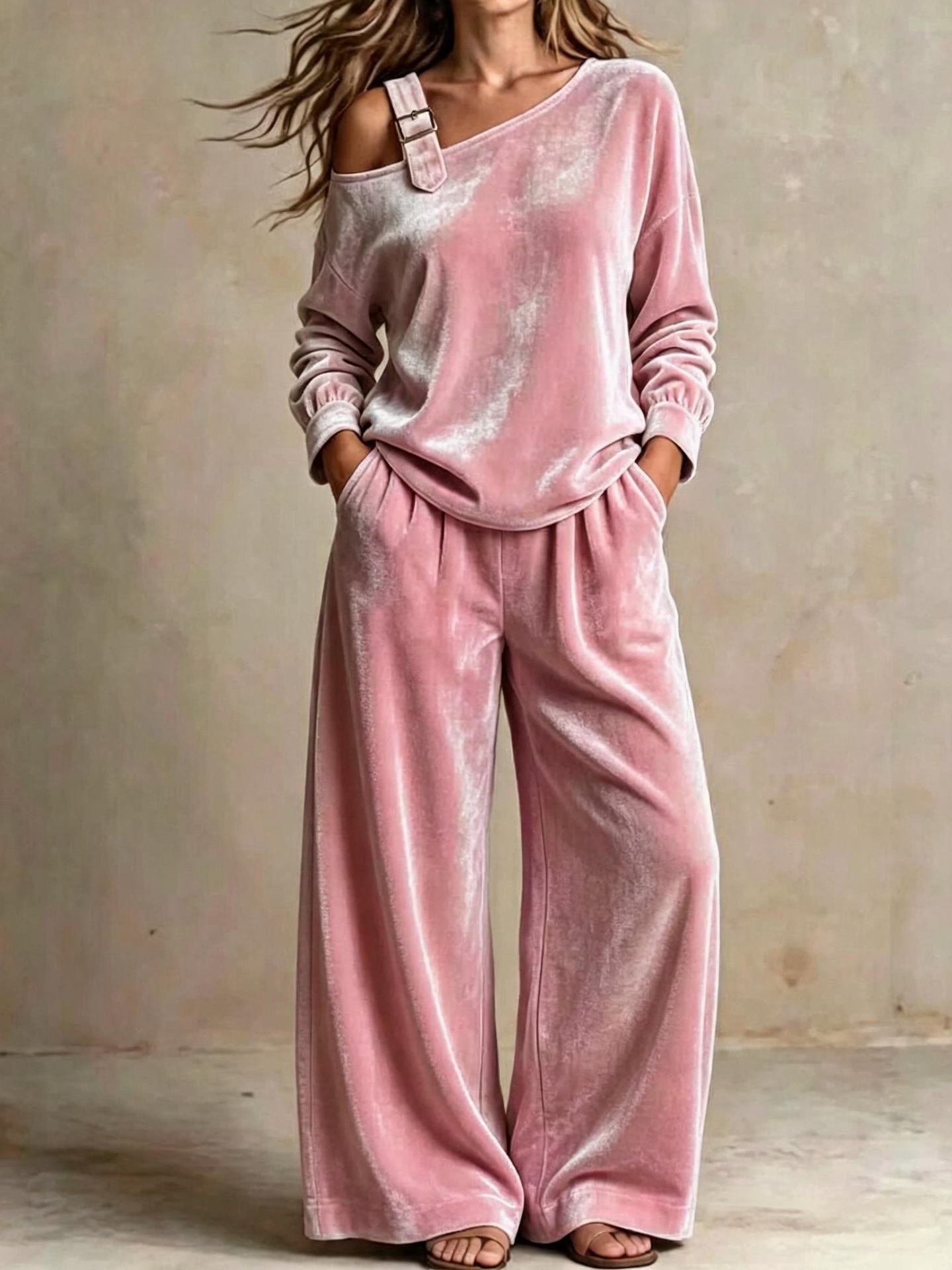 Buckle‑Strap Cold‑Shoulder Velour Two‑Piece Loungewear Set