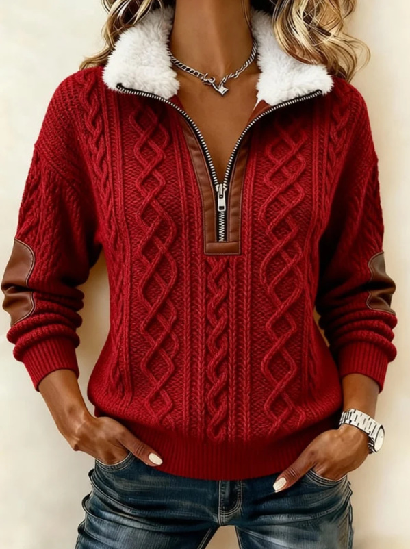 🧑‍✈️ BUY 2 FREE SHIPPING🧑‍✈️  Faux Fur Collar Knit Pullover | Zip Neck Textured Sweater Top