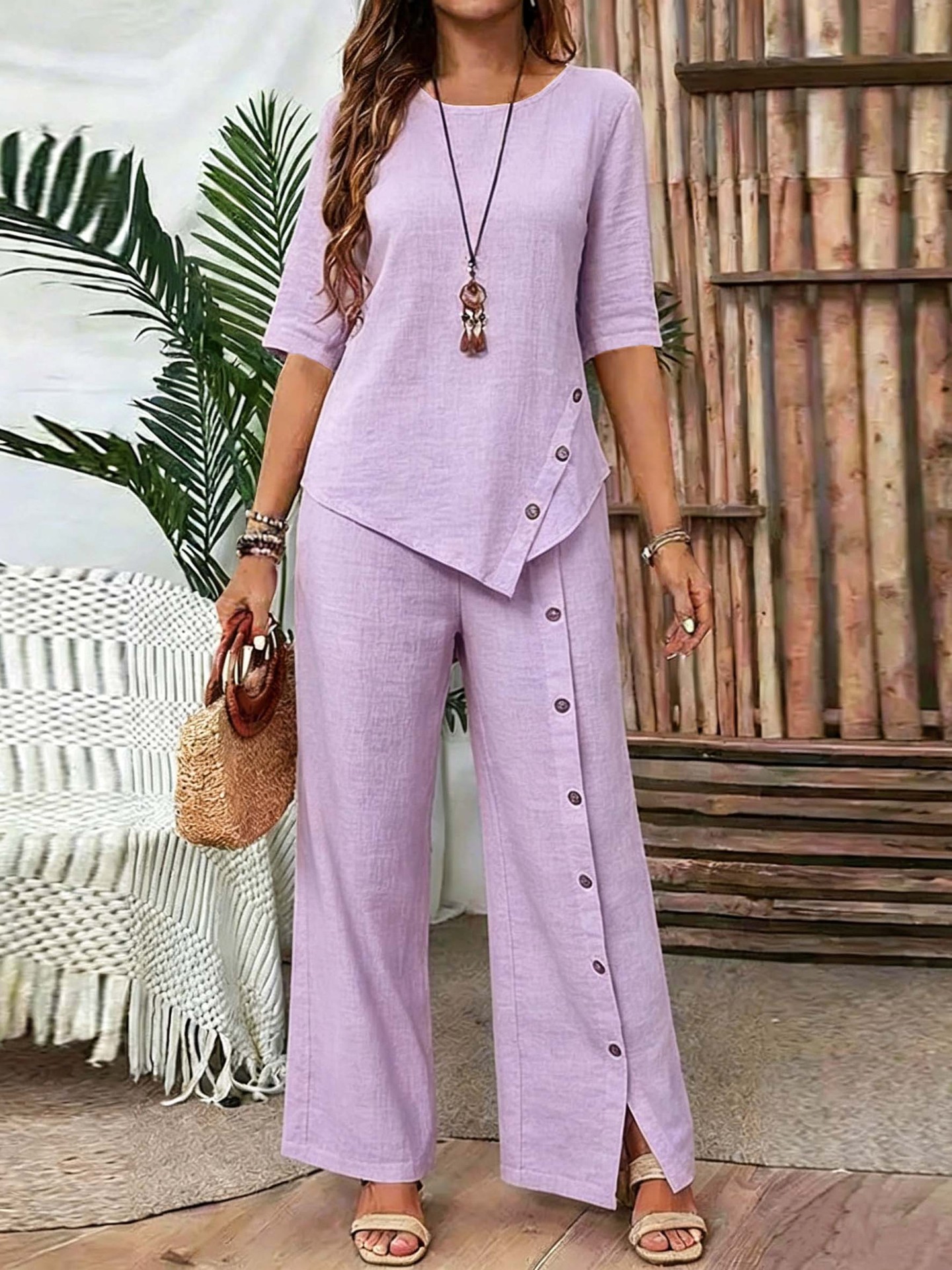 Women's Irregular Hem Top & Wide Leg Pants Two-Piece Set