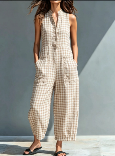 Gingham Sleeveless Half Button Linen Jumpsuit