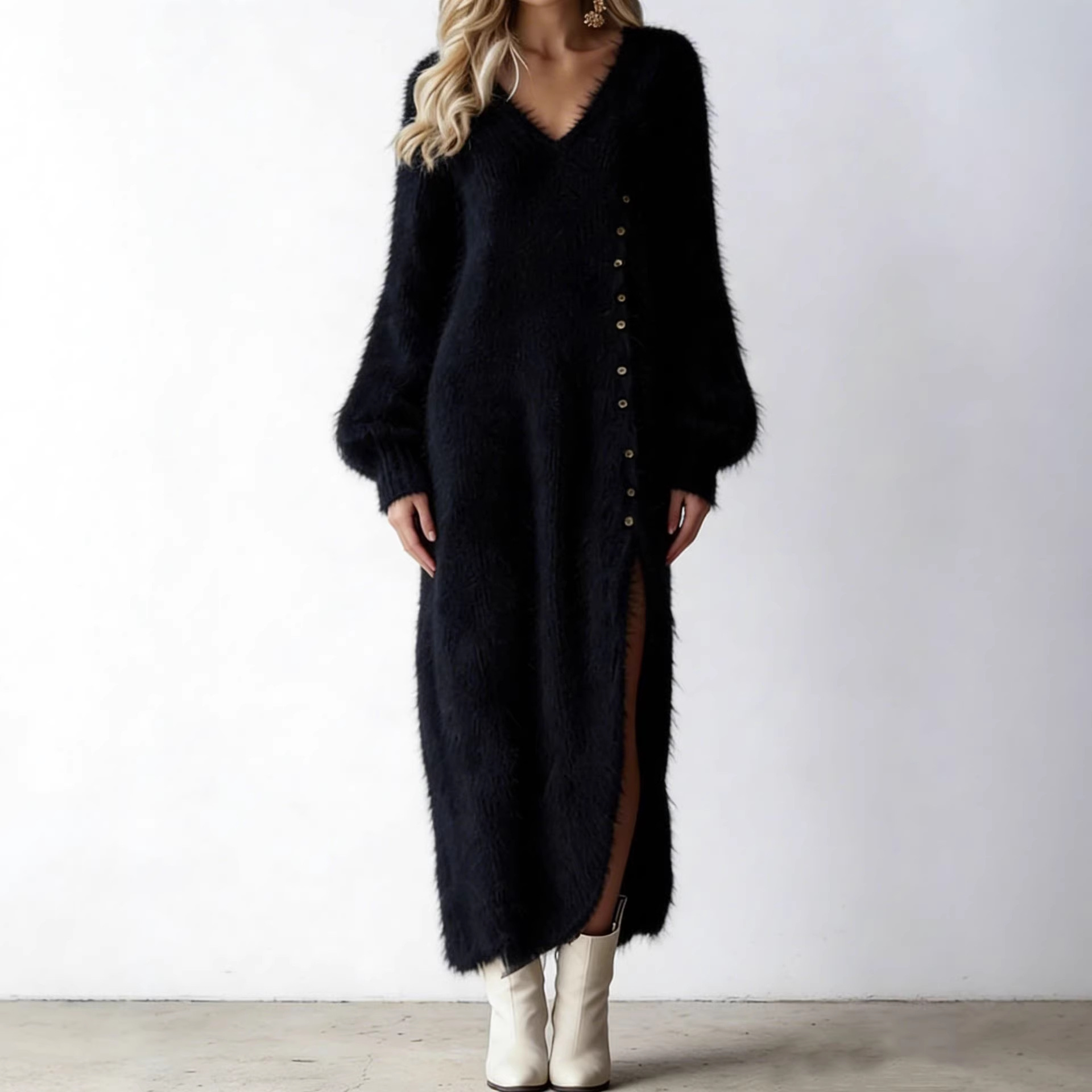 Comfortable Lazy Exquisite V-neck Metal Button White Imitation Rabbit Fur Knitted Side Slit Midi Dress