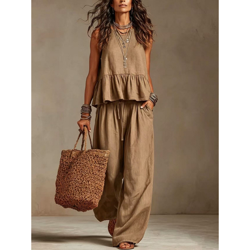 Linen-Look Peplum Two-Piece Set