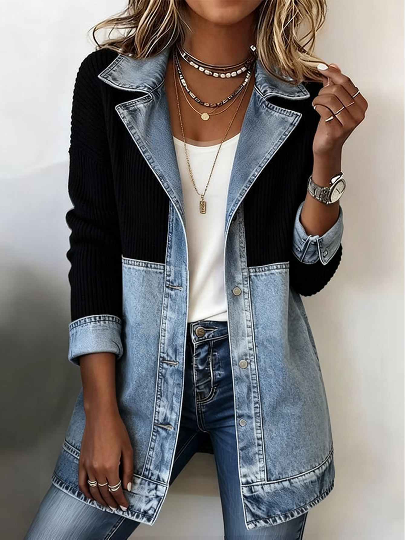 Women’s Patchwork Knit Denim Jacket, Lapel Collar Button‑Down Long Sleeve Casual Outerwear