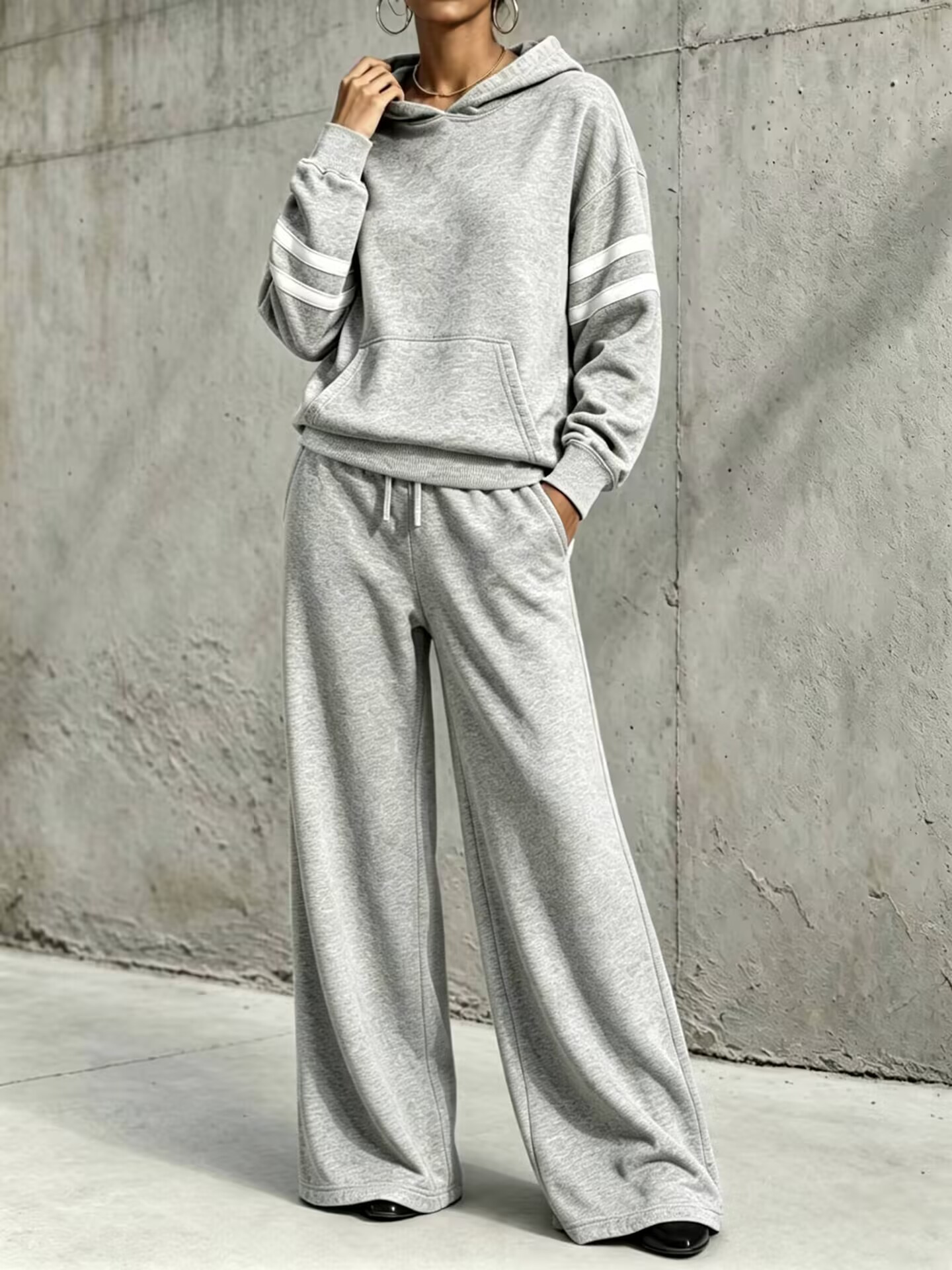 Striped‑Sleeve Hooded Wide‑Leg Tracksuit Two‑Piece Set