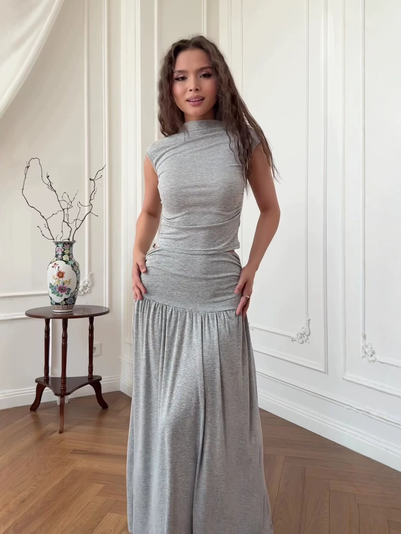 Sleeveless Mock‑Neck Cropped Top & Fold‑Over Waist Maxi Skirt Two‑Piece Set
