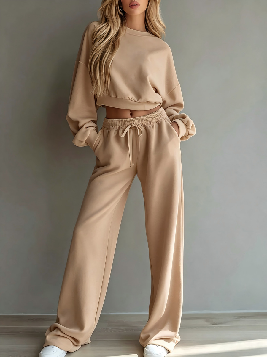 Cropped Crew Neck Sweatshirt & Drawstring Wide‑Leg Sweatpant Two‑Piece Set