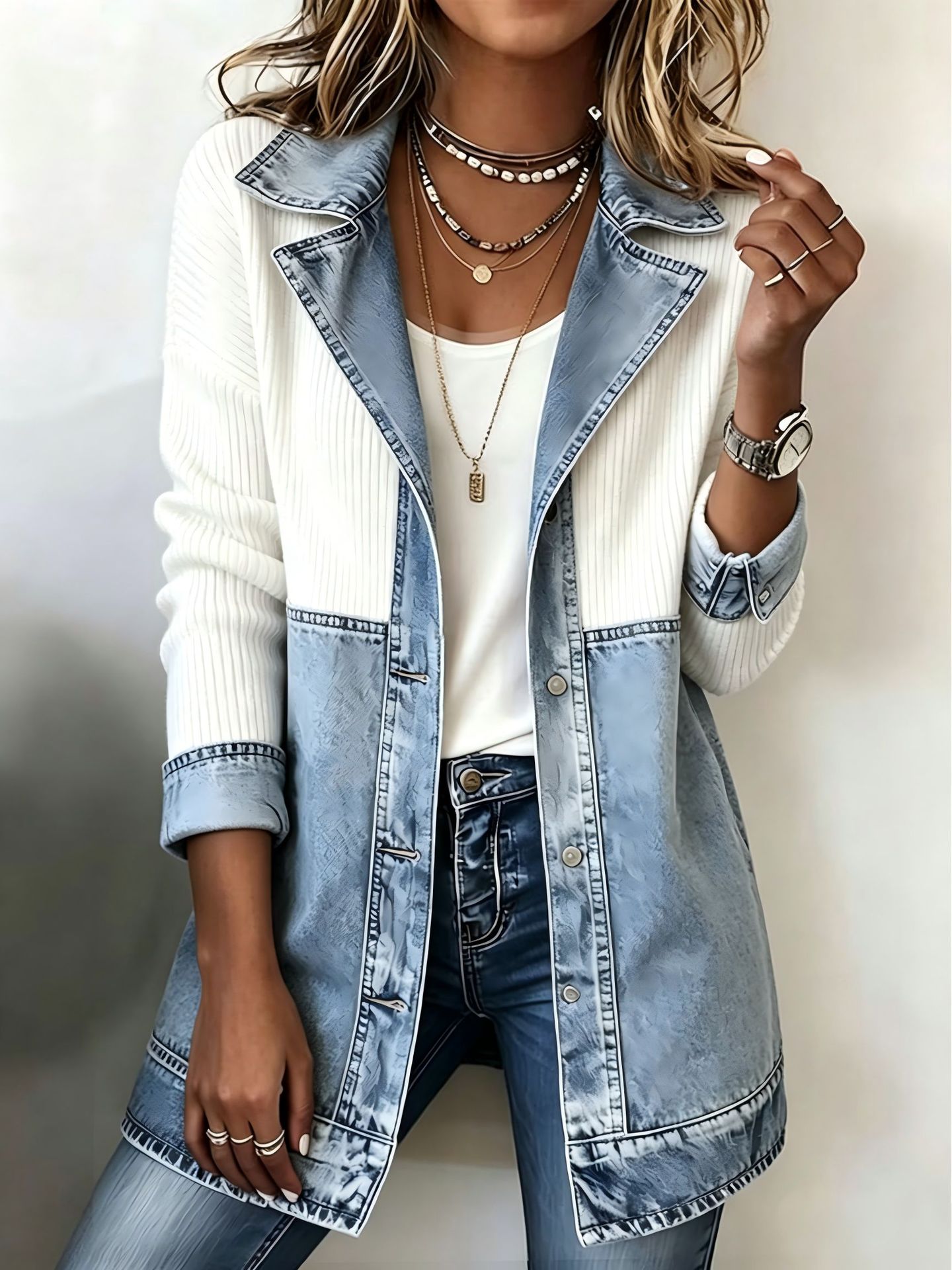 Women’s Patchwork Knit Denim Jacket, Lapel Collar Button‑Down Long Sleeve Casual Outerwear