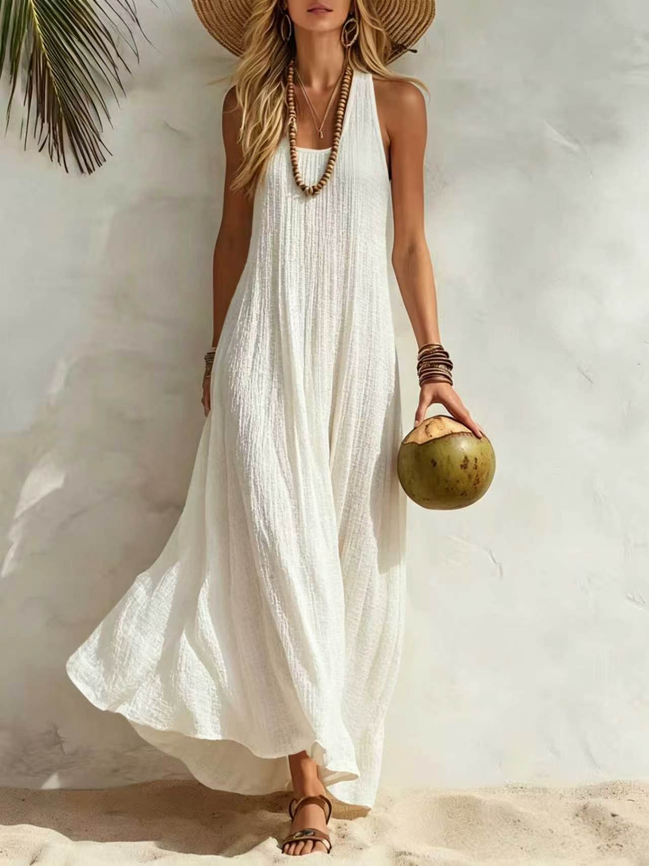 Crinkled Sleeveless Vacation Maxi Dress