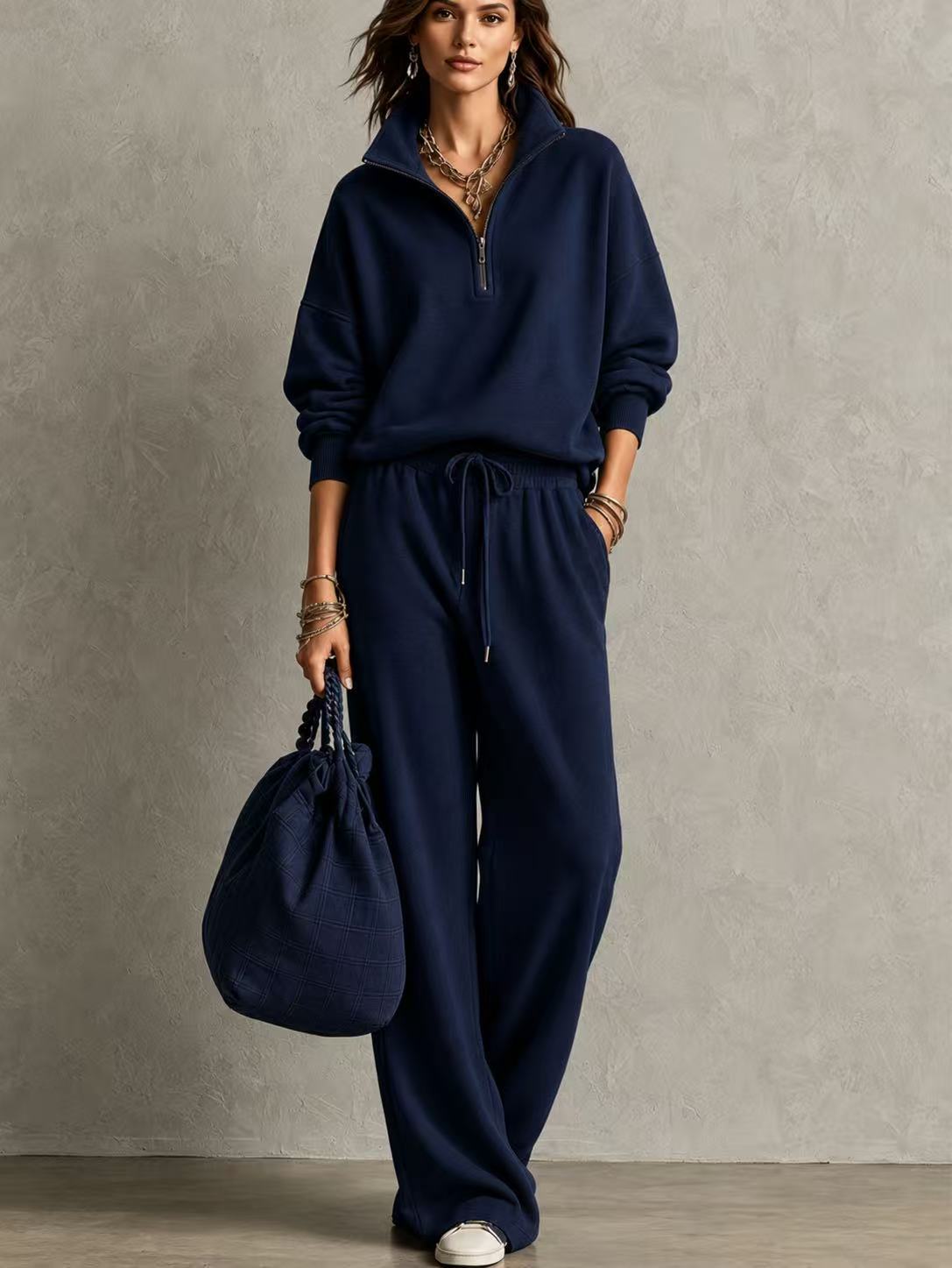 Half‑Zip Collar Sweatshirt & Drawstring Wide‑Leg Two‑Piece Loungewear Set