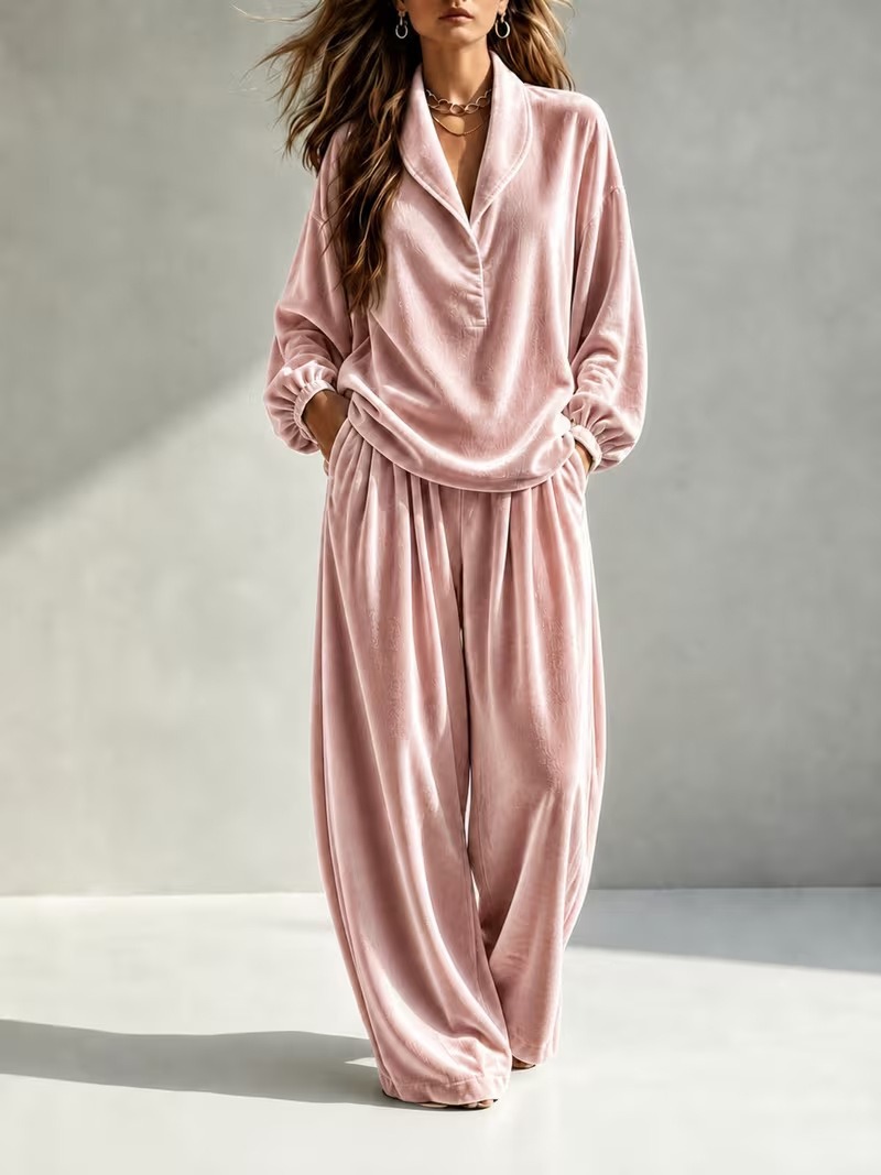Lapel Collar Velour Half‑Placket Wide‑Leg Two‑Piece Loungewear Set