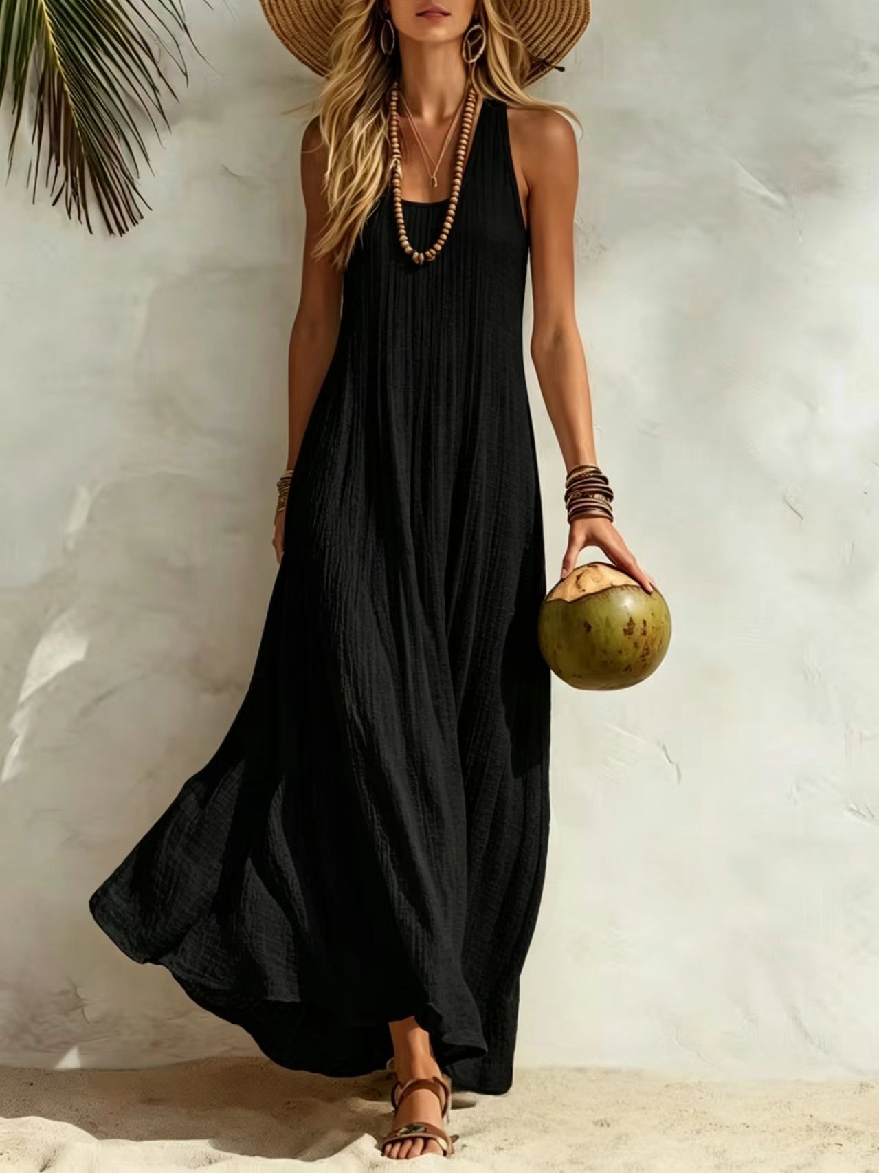 Crinkled Sleeveless Vacation Maxi Dress