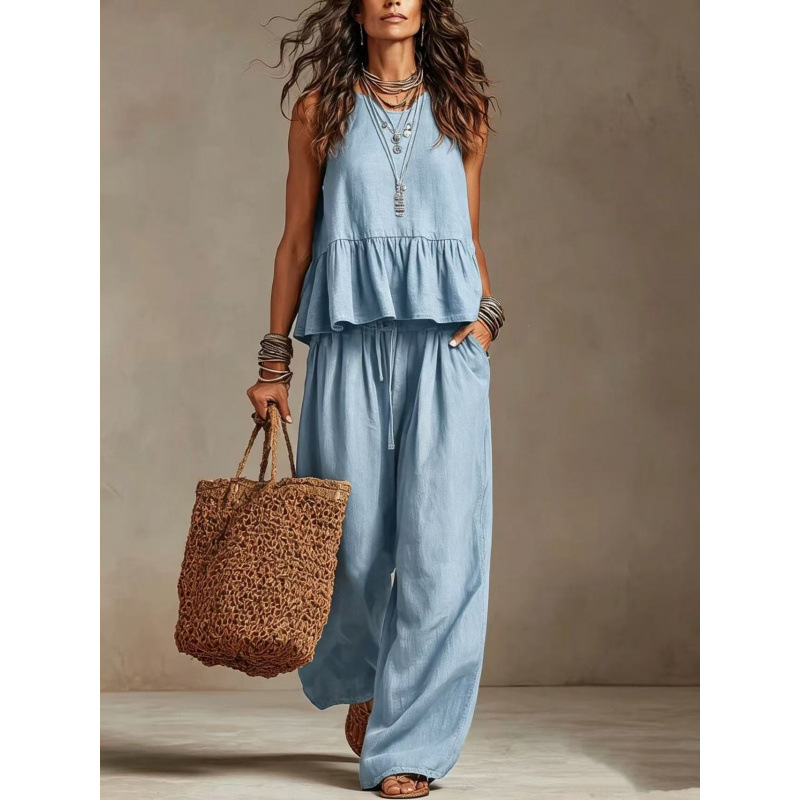 Linen-Look Peplum Two-Piece Set