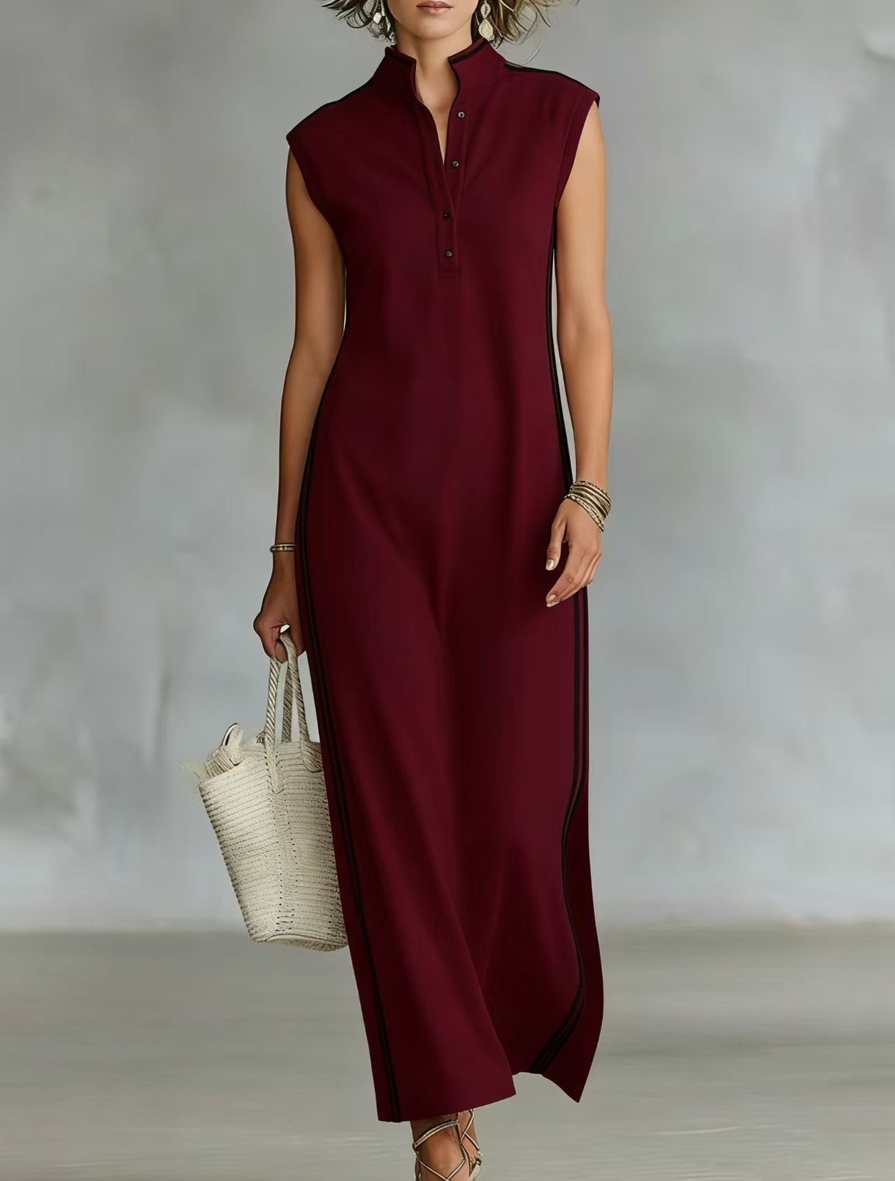 Women's Minimalist Athletic-Style Sleeveless Henley Maxi Dress