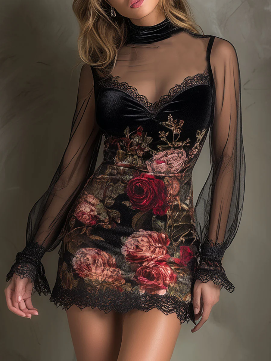 Print Tulle Lace Trim Mini Dress