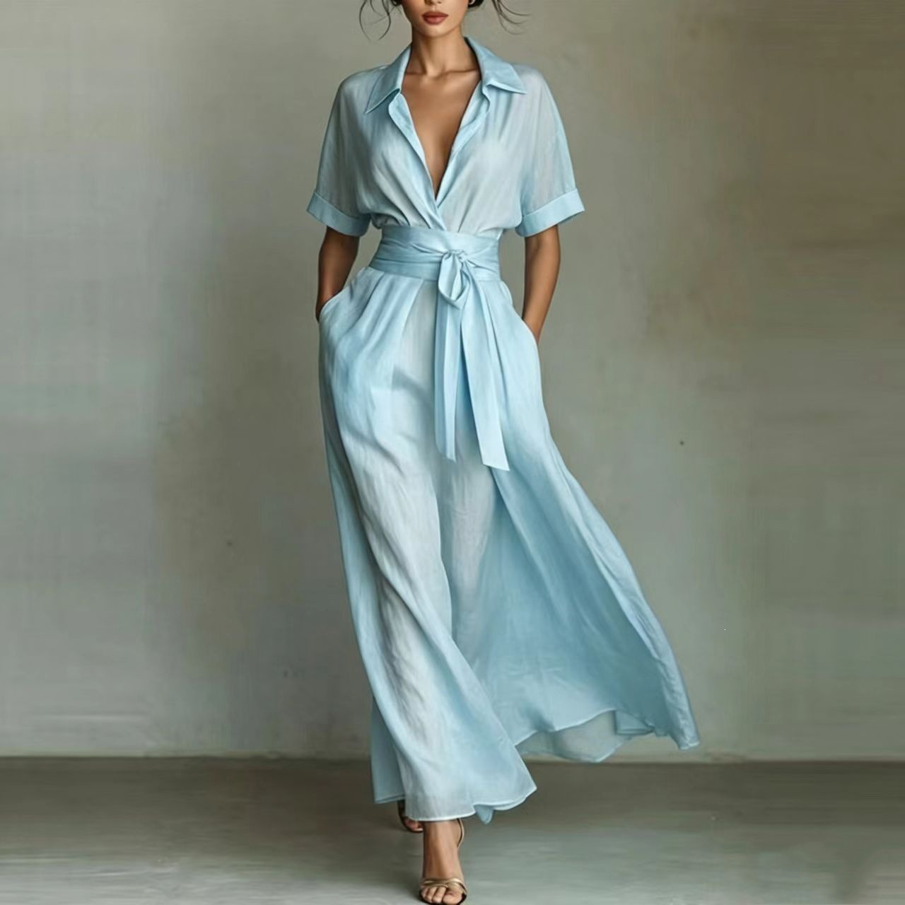 Women's solid color maxi dress styled for business casual &mdash; full outfit