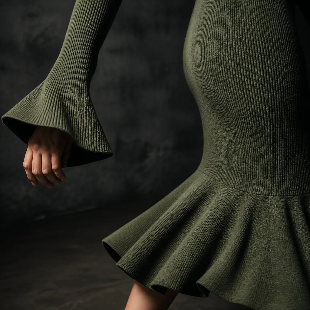  Ribbed Fishtail Knit Midi Dress with Half-Zip Collar