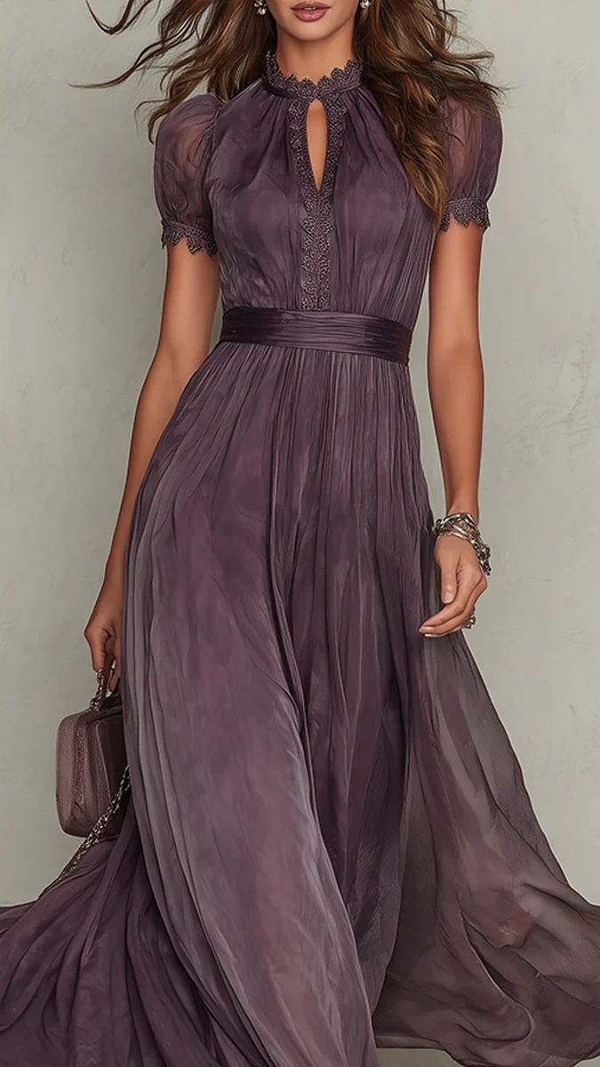 Women's High-Neck, Lace-Paneled, Flowy Chiffon Dress