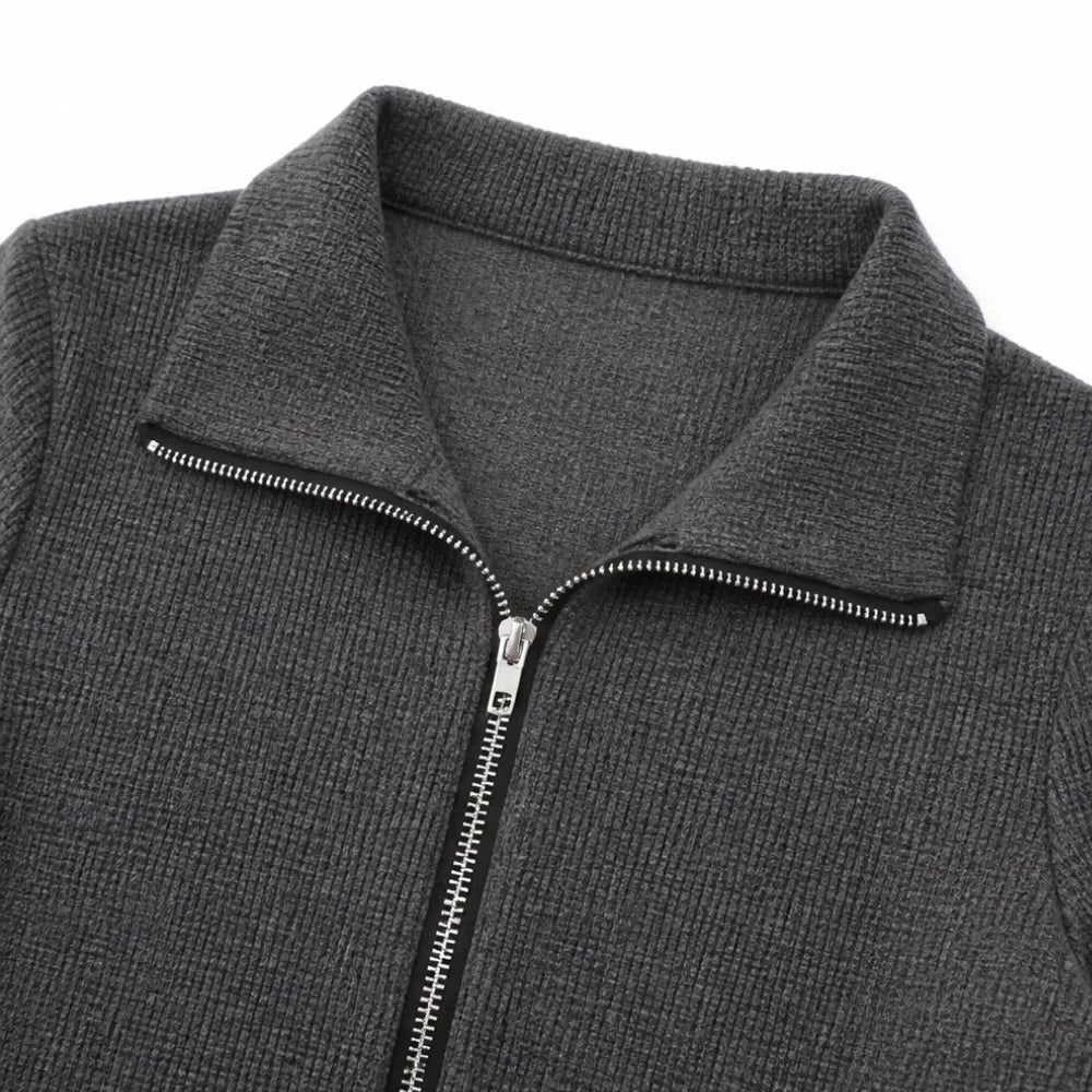  Ribbed Fishtail Knit Midi Dress with Half-Zip Collar