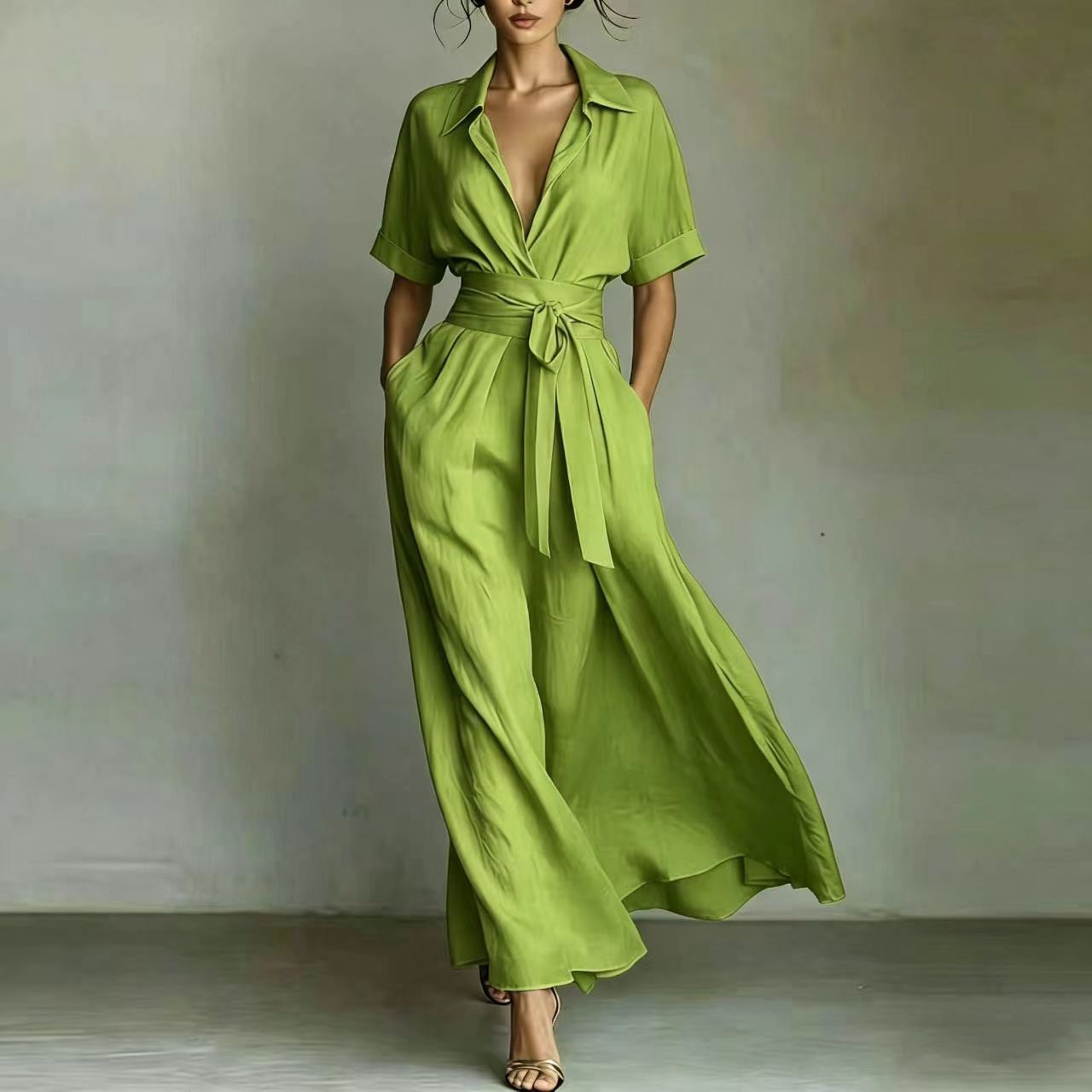 Women's solid color maxi dress styled with heels &mdash; elegant outfit