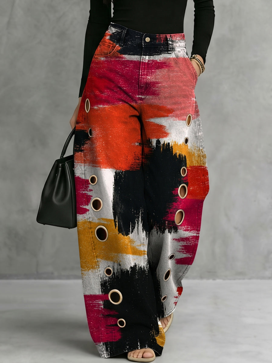 Loose Wide Leg Buttoned Contrast Color Hollow Printed Pants Trousers