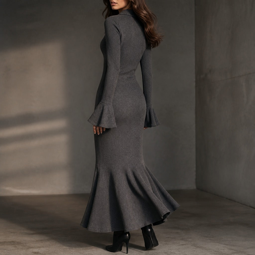  Ribbed Fishtail Knit Midi Dress with Half-Zip Collar