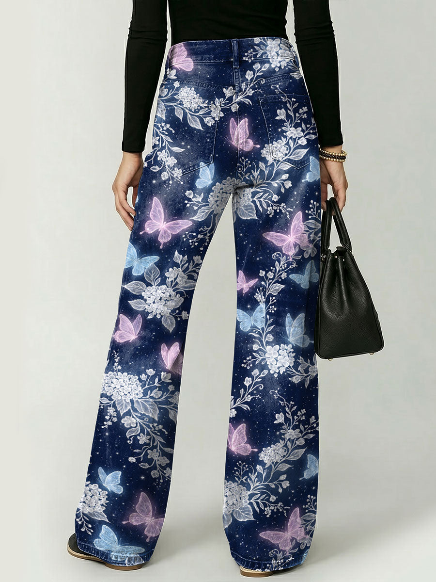 Women's Dreamlike And Mysterious Forest Butterfly Decorative Pattern Cotton Denim Pants