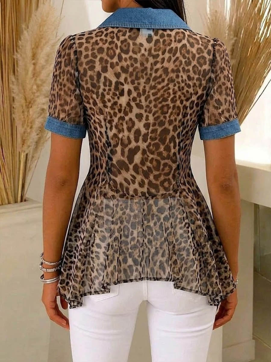 Women's Leopard Print Peter Pan Collar Short-sleeve Casual Loose Denim Cardigan With Chiffon Panels